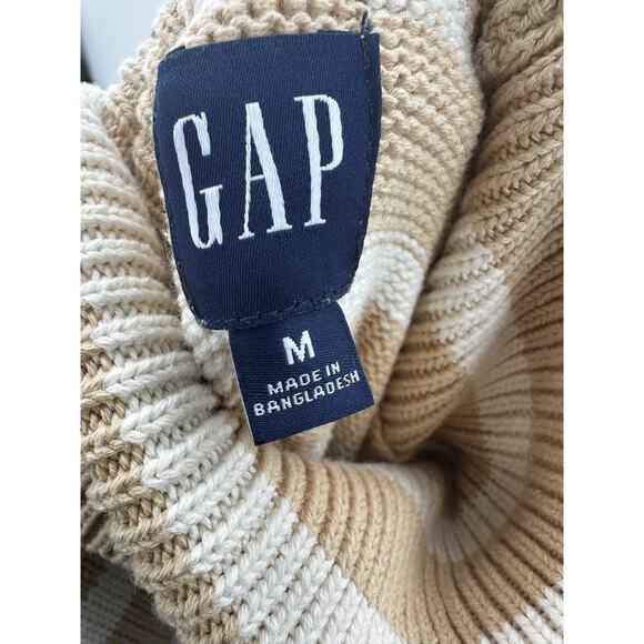 GAP Women Tan Stripe Turtleneck Sweater Medium Cotton Ribbed Hem - Picture 5 of 6